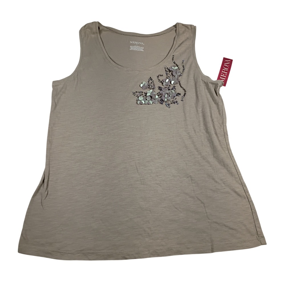 Merona Tank Top Women Large Taupe NWT Floral Sequin Beaded Cotton Sleeveless